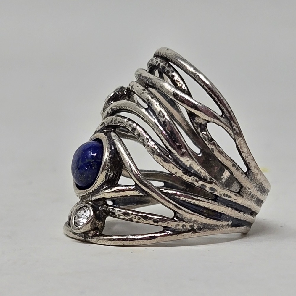 Orna Lalo Israel 925 Sterling Silver Lapis Lazuli CZ Wide Cage Band Ring Size 7 - Picture 7 of 9